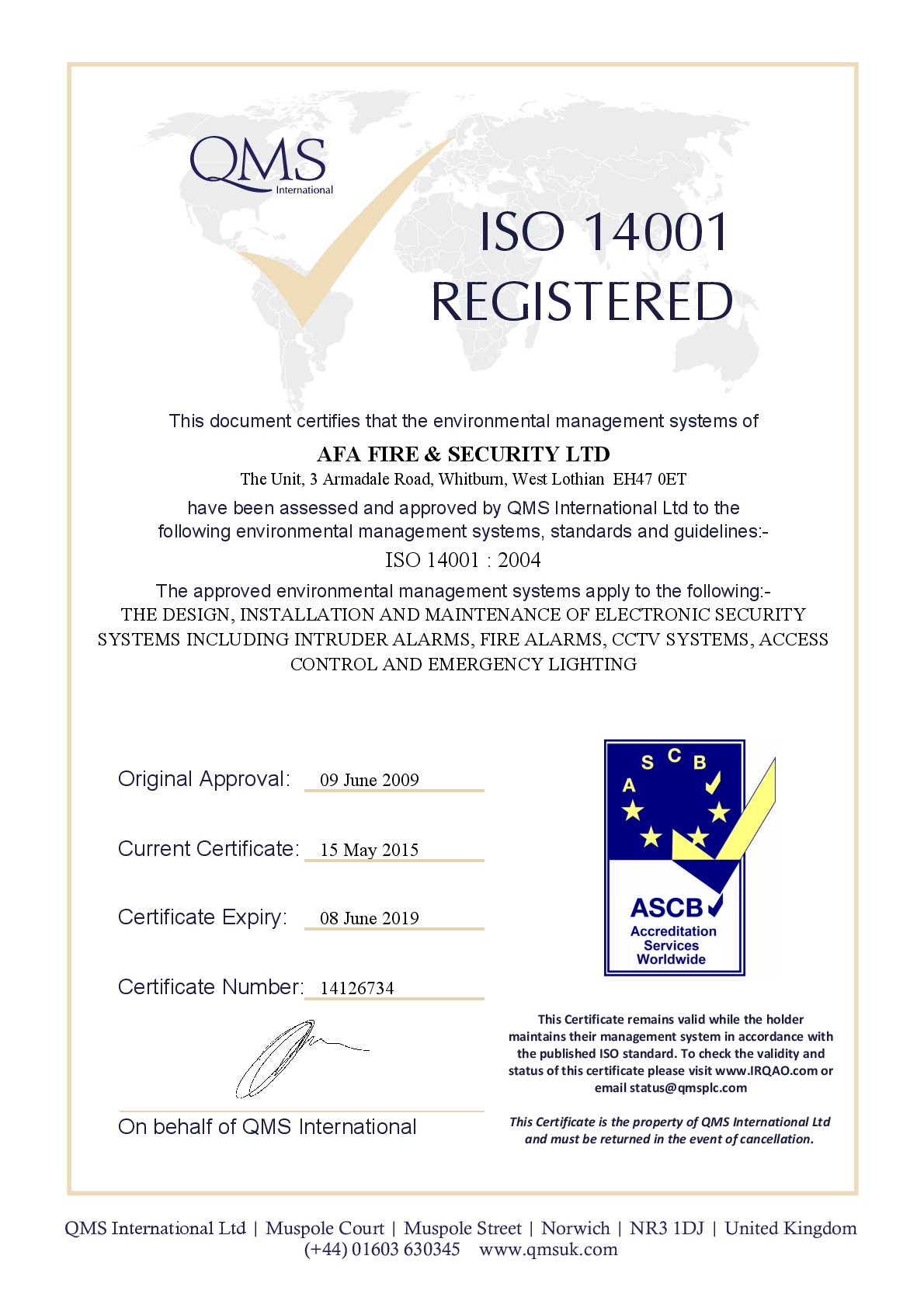 QMS ISO 14001 | AFA Fire and Security